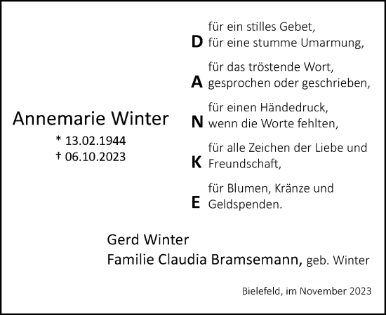 Traueranzeige von Annemarie Winter von Neue Westfälische