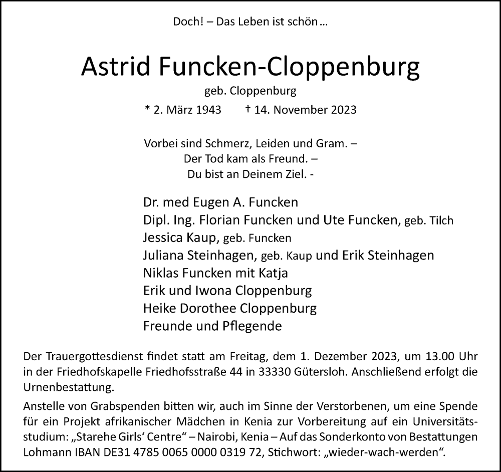  Traueranzeige für Astrid Funcken-Cloppenburg vom 25.11.2023 aus Neue Westfälische