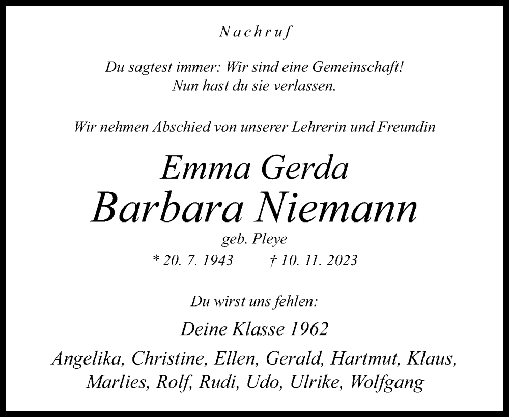  Traueranzeige für Barbara Niemann vom 28.11.2023 aus Neue Westfälische