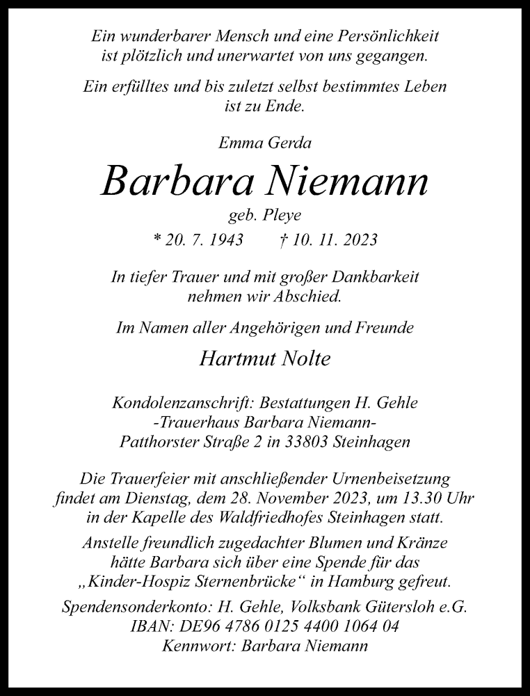  Traueranzeige für Barbara Niemann vom 20.11.2023 aus Neue Westfälische
