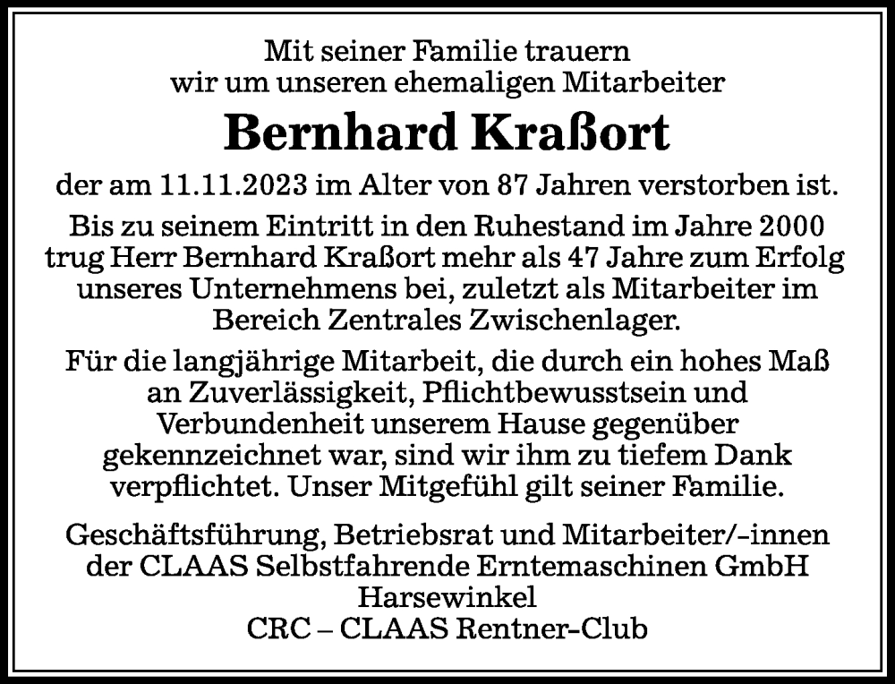  Traueranzeige für Bernhard Kraßort vom 18.11.2023 aus Neue Westfälische