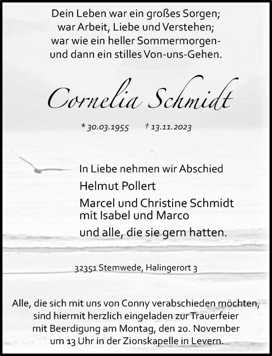 Traueranzeige von Cornelia Schmidt von Neue Westfälische