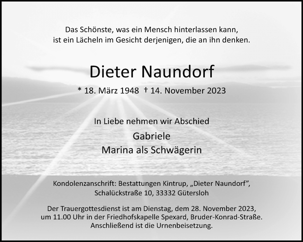  Traueranzeige für Dieter Naundorf vom 25.11.2023 aus Neue Westfälische