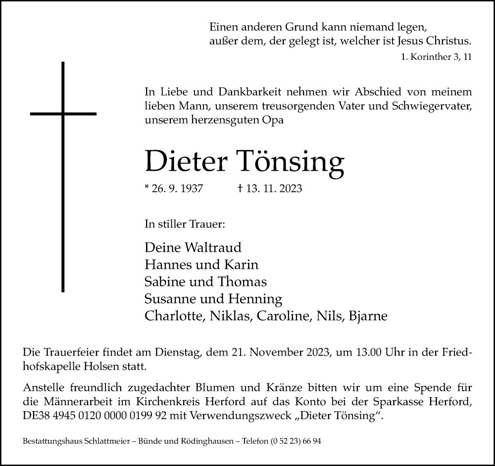  Traueranzeige für Dieter Tönsing vom 18.11.2023 aus Neue Westfälische