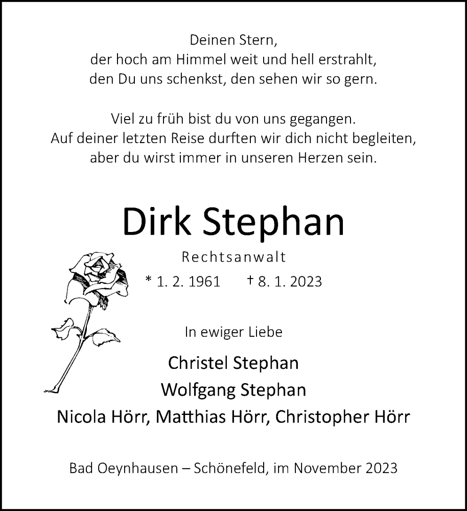  Traueranzeige für Dirk Stephan vom 25.11.2023 aus Neue Westfälische