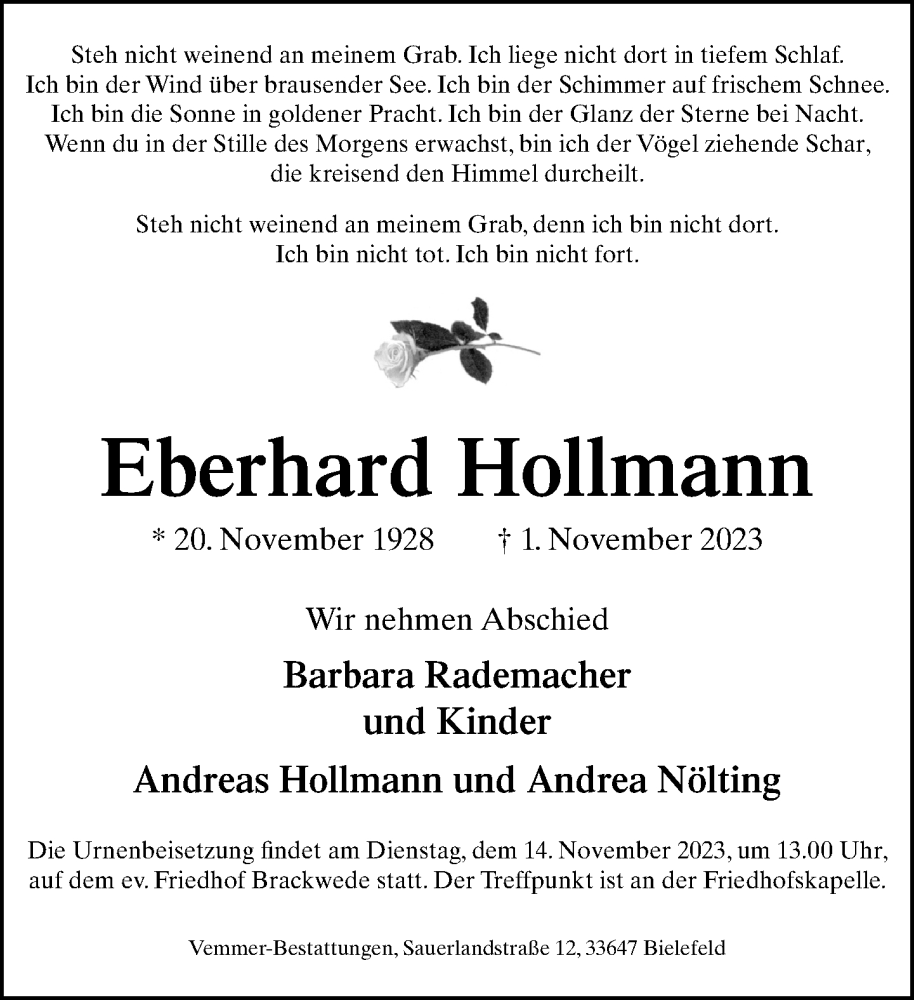 Traueranzeige für Eberhard Hollmann vom 04.11.2023 aus Neue Westfälische