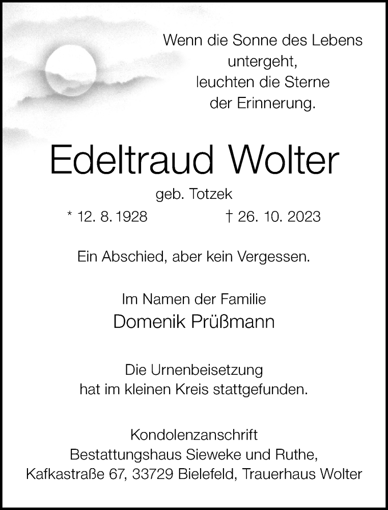  Traueranzeige für Edeltraud Wolter vom 25.11.2023 aus Neue Westfälische