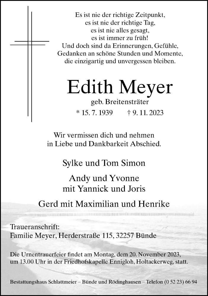  Traueranzeige für Edith Meyer vom 15.11.2023 aus Neue Westfälische