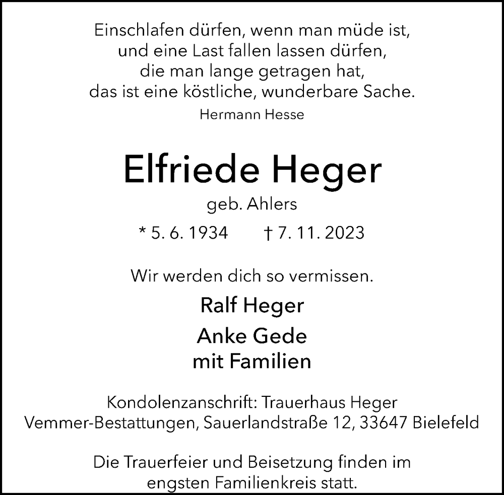  Traueranzeige für Elfriede Heger vom 11.11.2023 aus Neue Westfälische