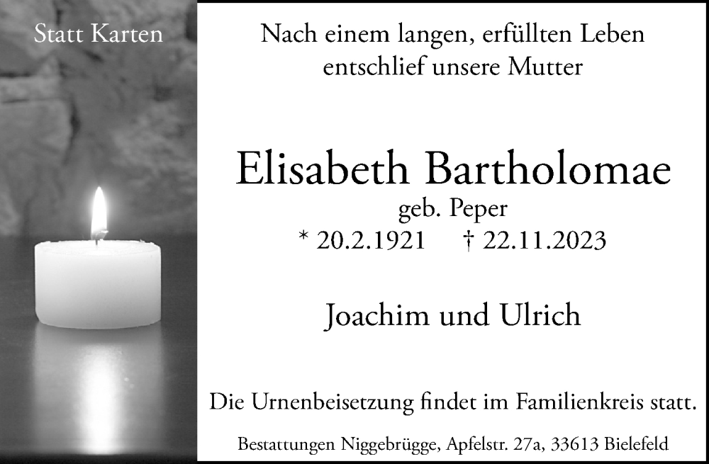  Traueranzeige für Elisabeth Bartholomae vom 25.11.2023 aus Neue Westfälische