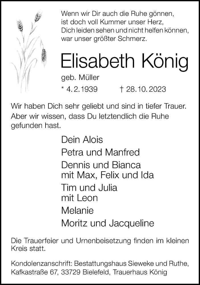  Traueranzeige für Elisabeth König vom 04.11.2023 aus Neue Westfälische