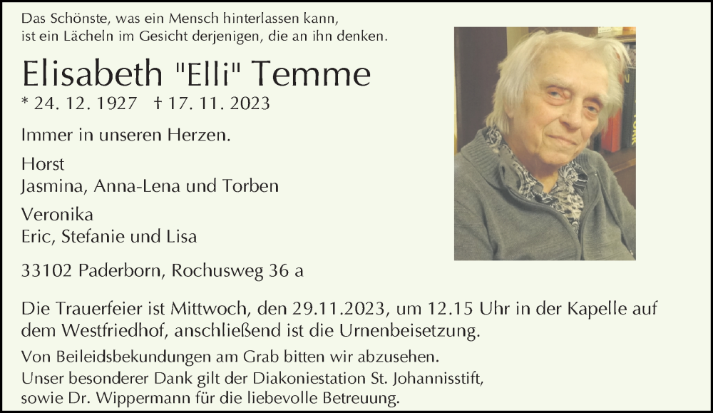  Traueranzeige für Elisabeth Temme vom 25.11.2023 aus Neue Westfälische
