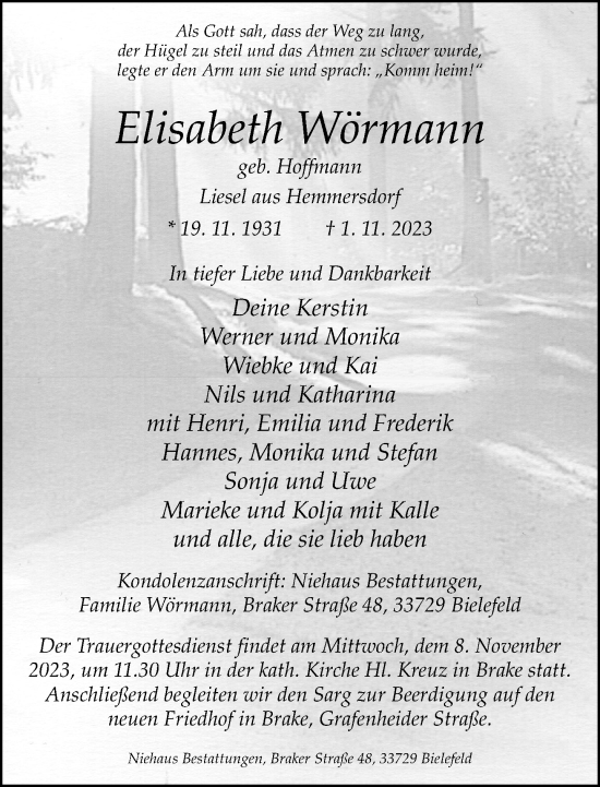 Traueranzeige von Elisabeth Wörmann von Neue Westfälische