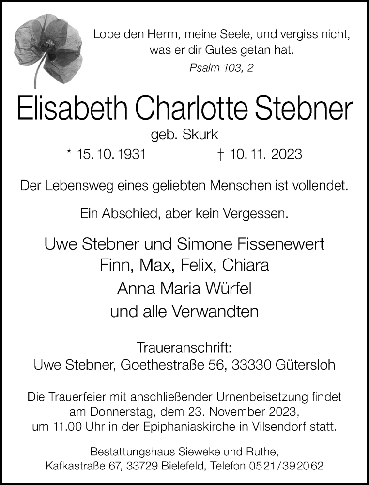  Traueranzeige für Elisabeth Charlotte Stebner vom 18.11.2023 aus Neue Westfälische