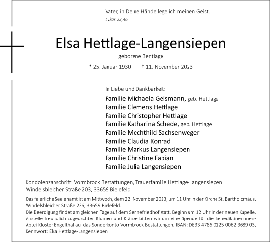 Traueranzeige von Elsa Hettlage-Langensiepen von Neue Westfälische