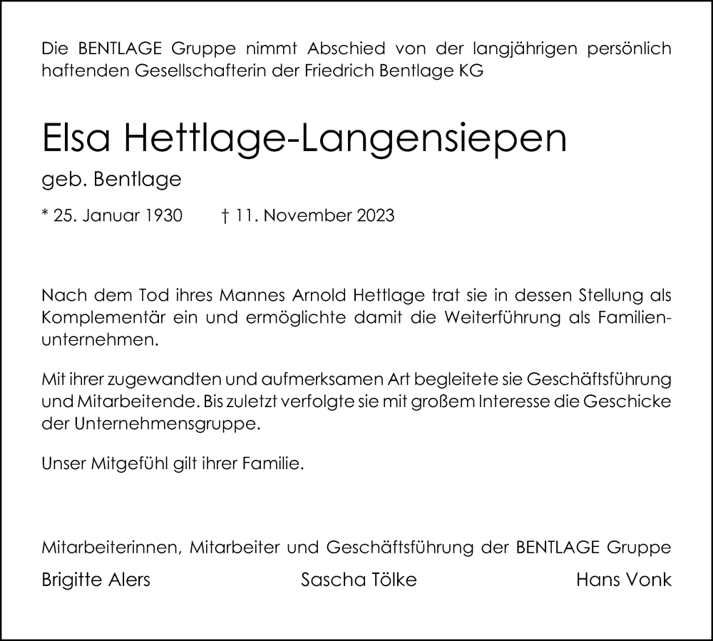  Traueranzeige für Elsa Hettlage-Langensiepen vom 18.11.2023 aus Neue Westfälische