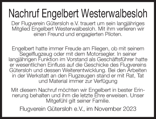 Traueranzeige von Engelbert Westerwalbesloh von Neue Westfälische