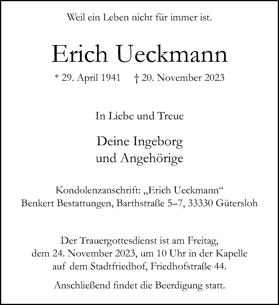  Traueranzeige für Erich Deckmann vom 23.11.2023 aus Neue Westfälische