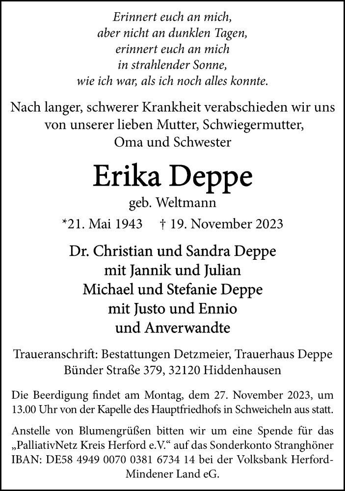  Traueranzeige für Erika Deppe vom 24.11.2023 aus Neue Westfälische
