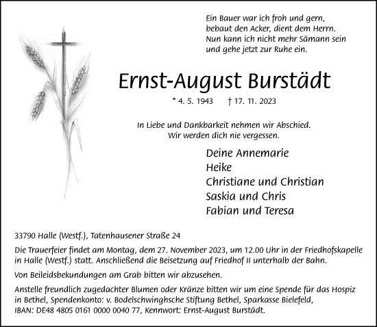 Traueranzeige von Ernst-August Burstädt von Neue Westfälische