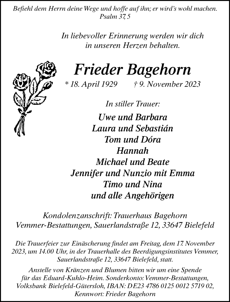  Traueranzeige für Frieder Bagehorn vom 15.11.2023 aus Neue Westfälische