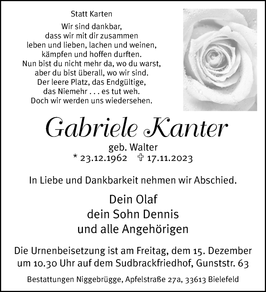  Traueranzeige für Gabriele Kanter vom 25.11.2023 aus Neue Westfälische