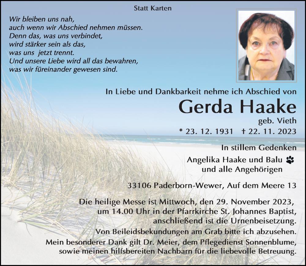  Traueranzeige für Gerda Haake vom 25.11.2023 aus Neue Westfälische