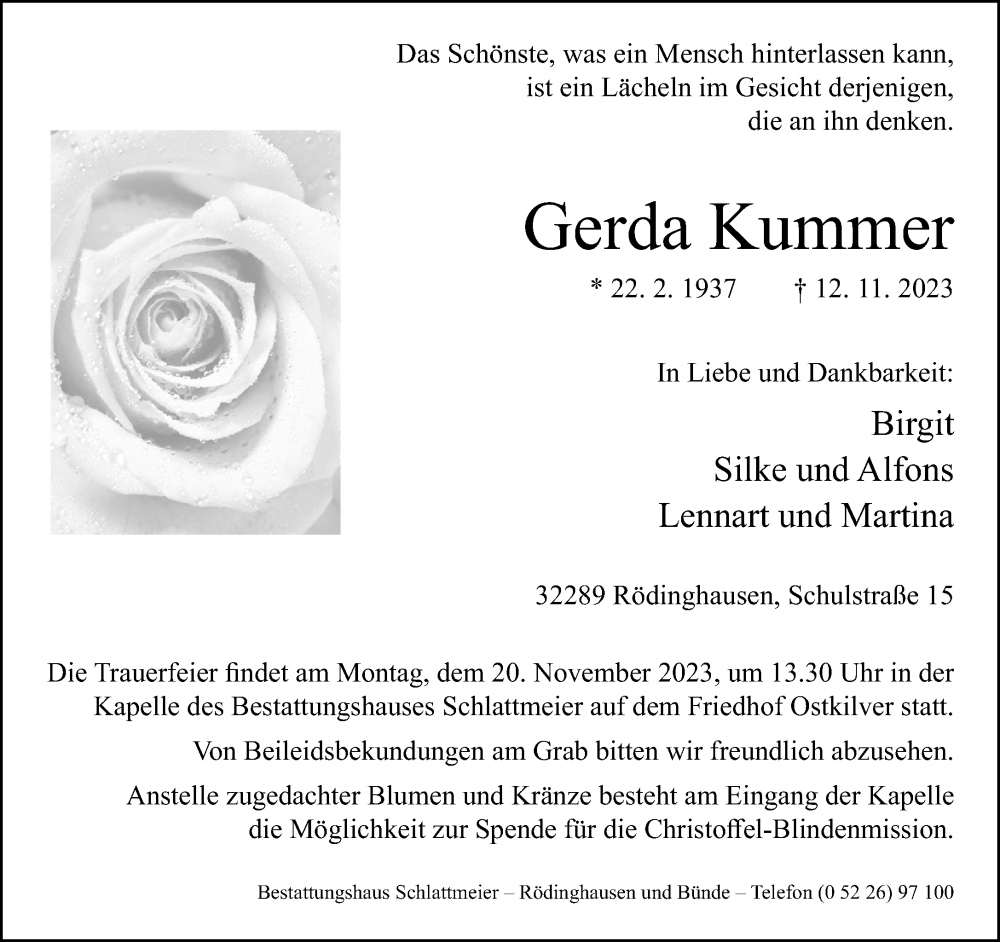  Traueranzeige für Gerda Kummer vom 15.11.2023 aus Neue Westfälische