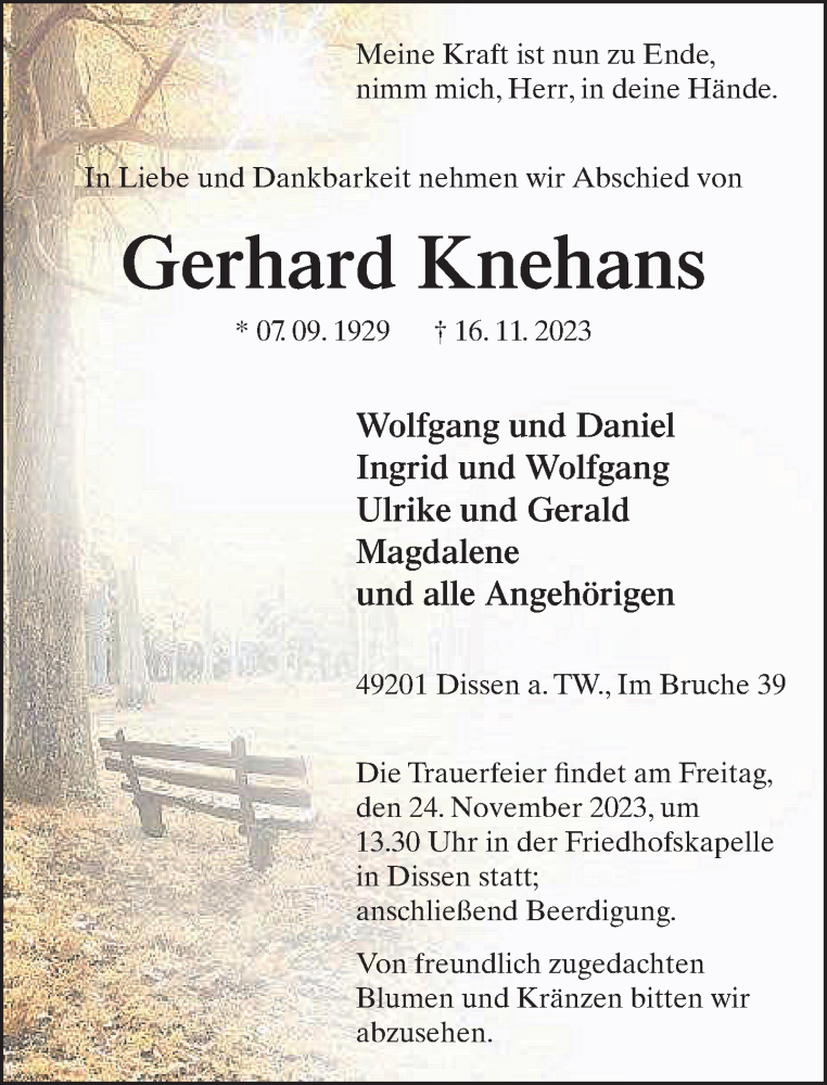 Traueranzeige für Gerhard Knehans vom 22.11.2023 aus Neue Westfälische