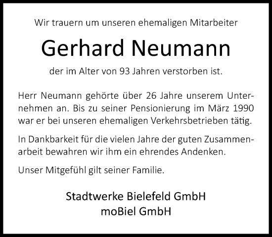 Traueranzeige von Gerhard Neumann von Neue Westfälische