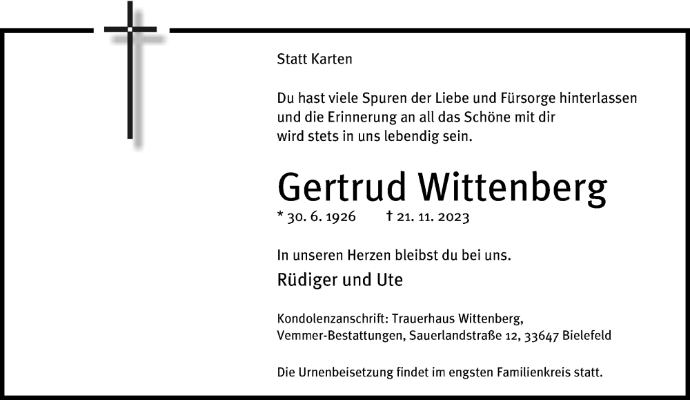  Traueranzeige für Gertrud Wittenberg vom 25.11.2023 aus Neue Westfälische