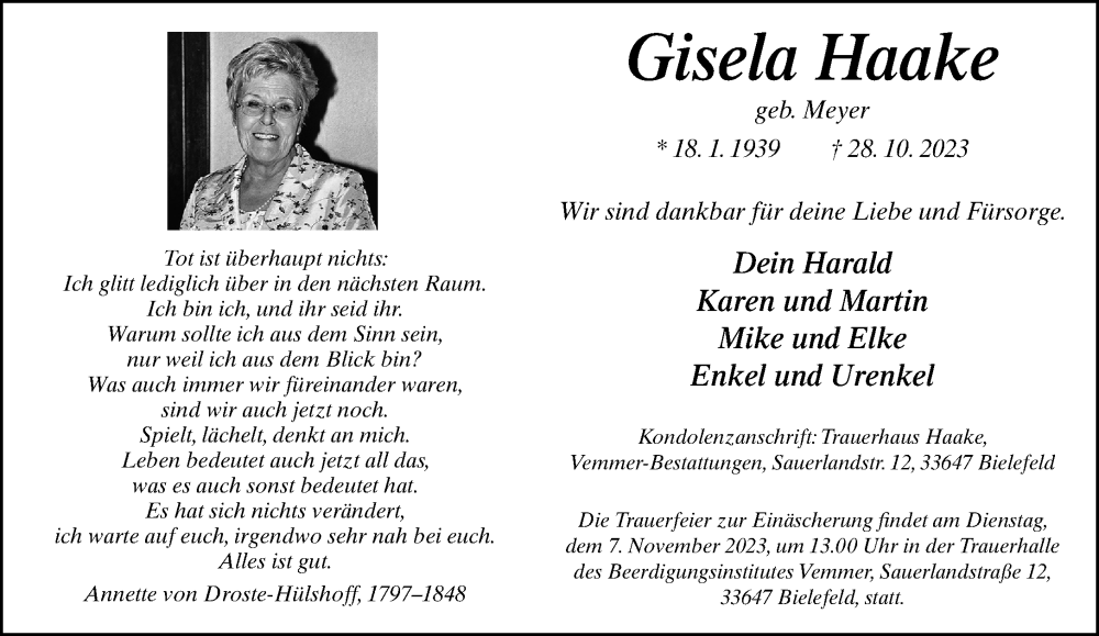  Traueranzeige für Gisela Haake vom 04.11.2023 aus Neue Westfälische
