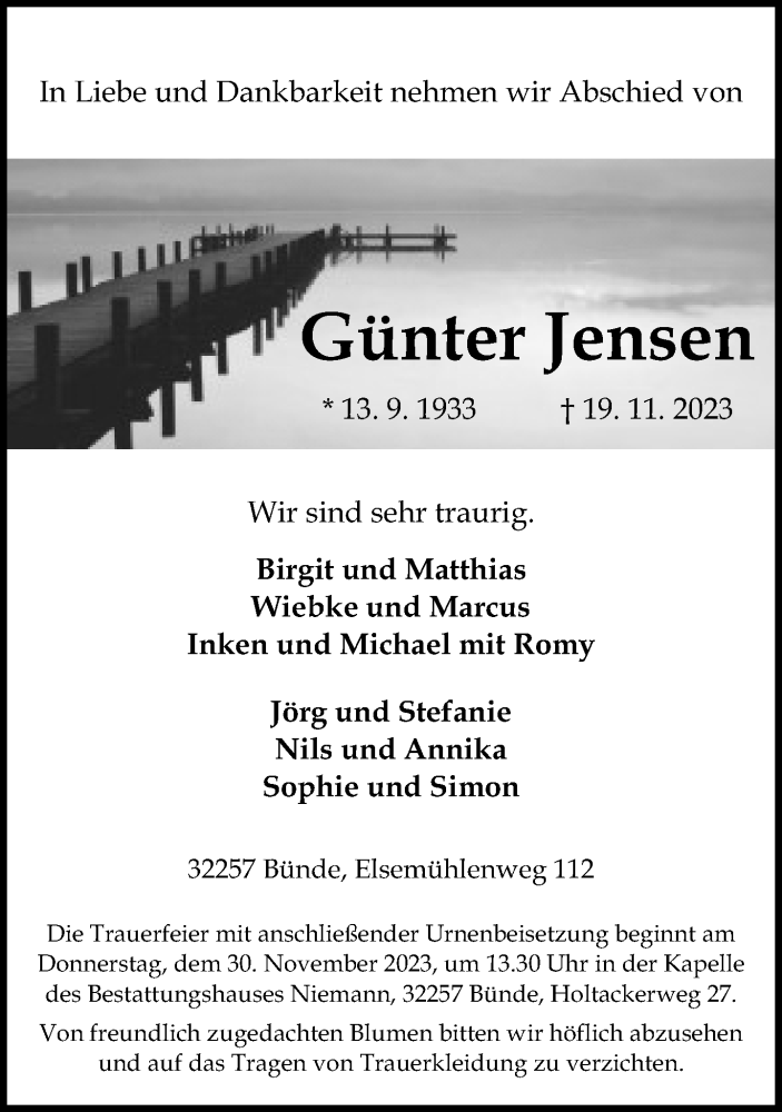  Traueranzeige für Günter Jensen vom 25.11.2023 aus Neue Westfälische