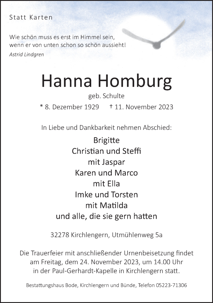  Traueranzeige für Hanna Homburg vom 18.11.2023 aus Neue Westfälische