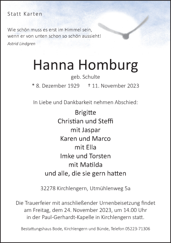 Traueranzeige von Hanna Homburg von Neue Westfälische