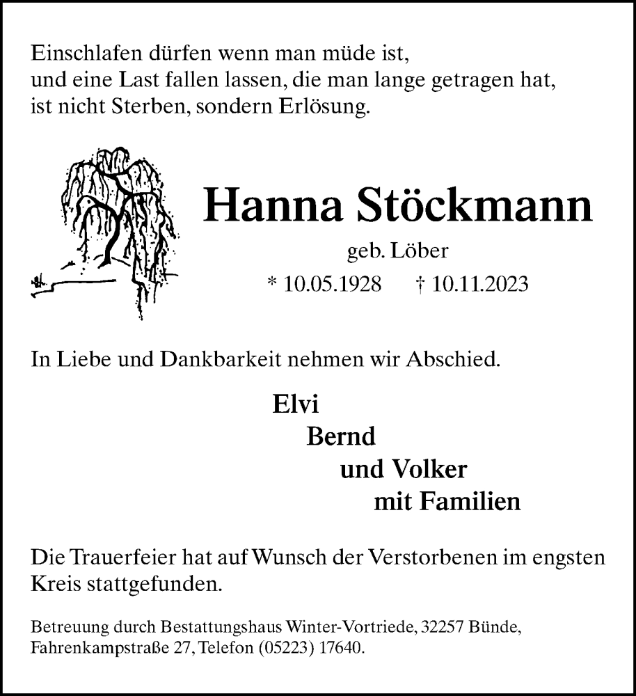  Traueranzeige für Hanna Stöckmann vom 18.11.2023 aus Neue Westfälische