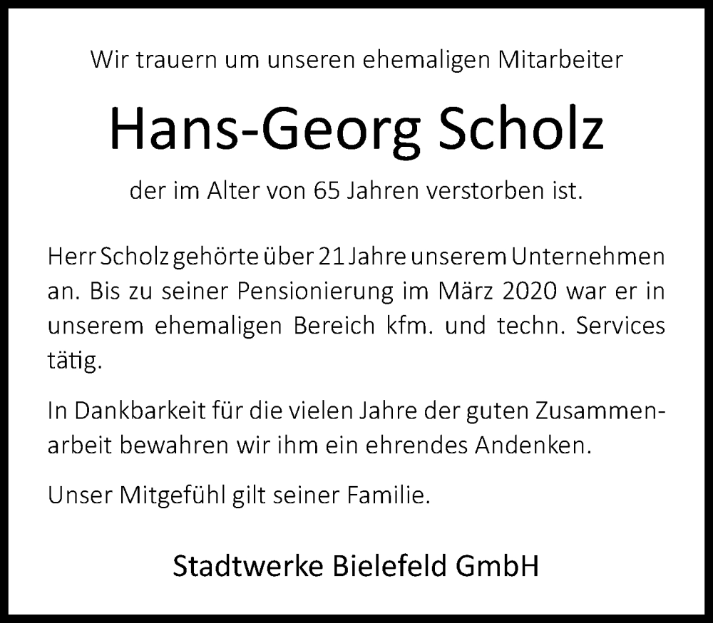  Traueranzeige für Hans-Georg Scholz vom 13.11.2023 aus Neue Westfälische
