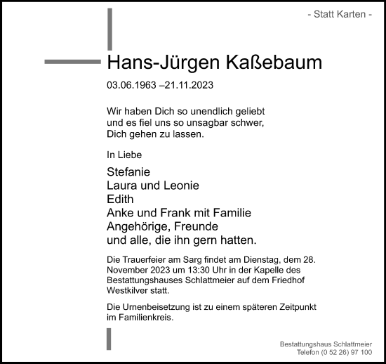 Traueranzeige von Hans-Jürgen Kaßebaum von Neue Westfälische