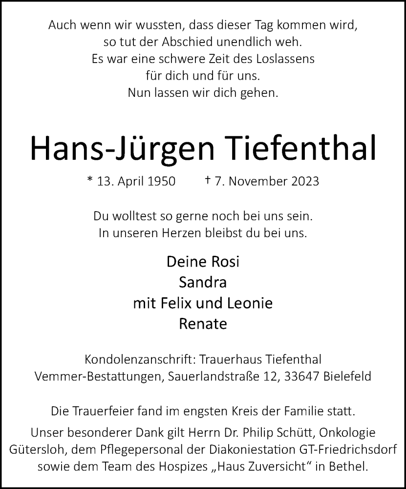  Traueranzeige für Hans-Jürgen Tiefenthal vom 25.11.2023 aus Neue Westfälische
