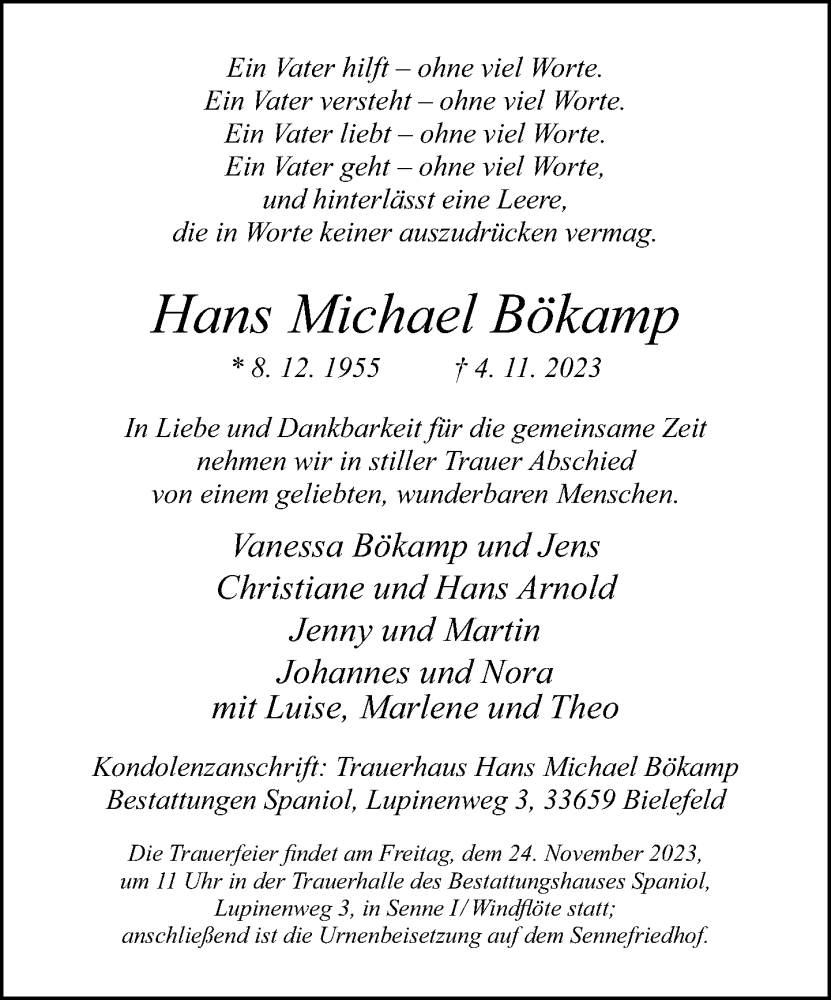 Traueranzeige für Hans Michael Bökamp vom 11.11.2023 aus Neue Westfälische