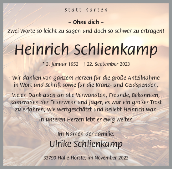 Traueranzeige von Heinrich Schlienkamp von Neue Westfälische