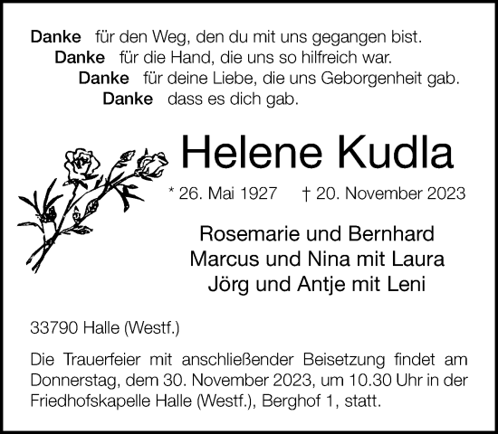 Traueranzeige von Helene Kudla von Neue Westfälische