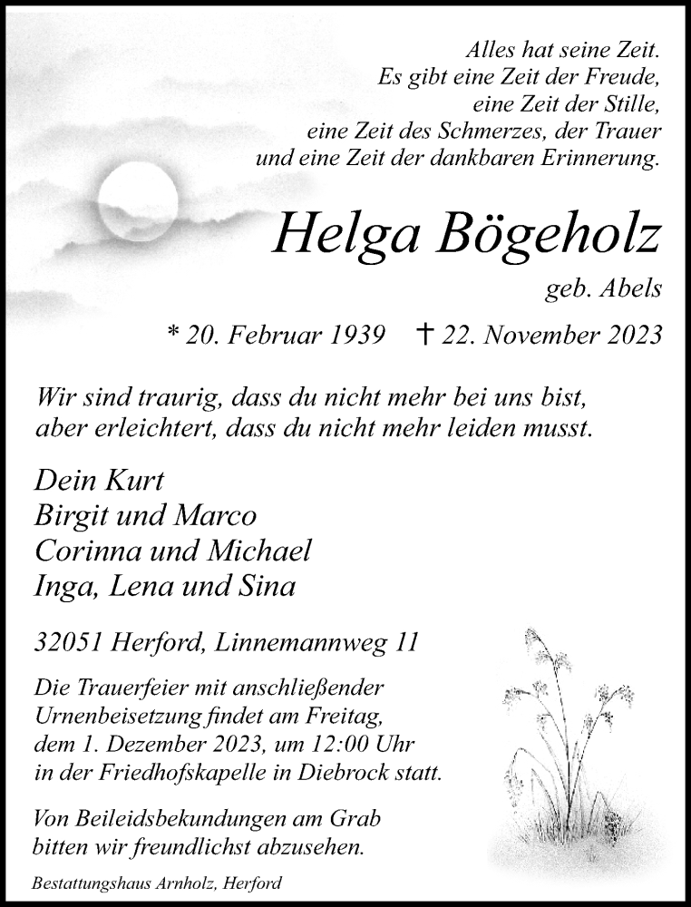  Traueranzeige für Helga Bögeholz vom 25.11.2023 aus Neue Westfälische