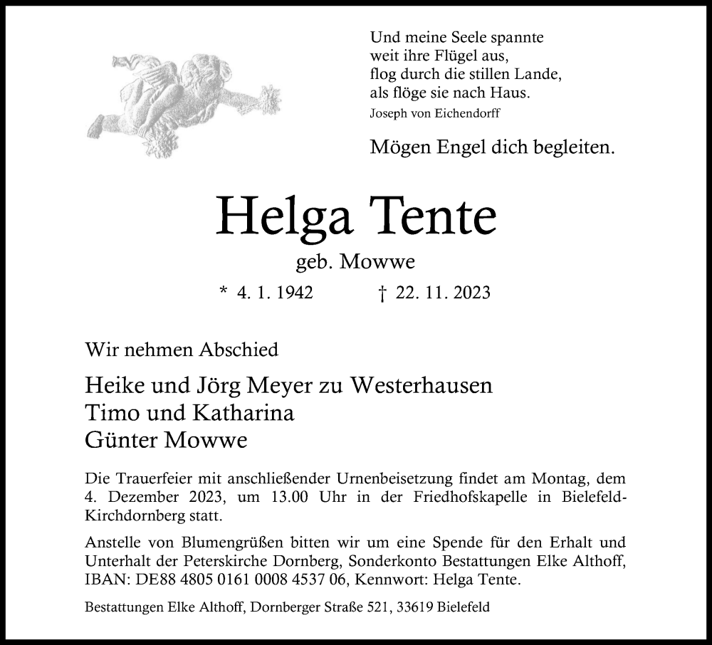  Traueranzeige für Helga Tente vom 25.11.2023 aus Neue Westfälische