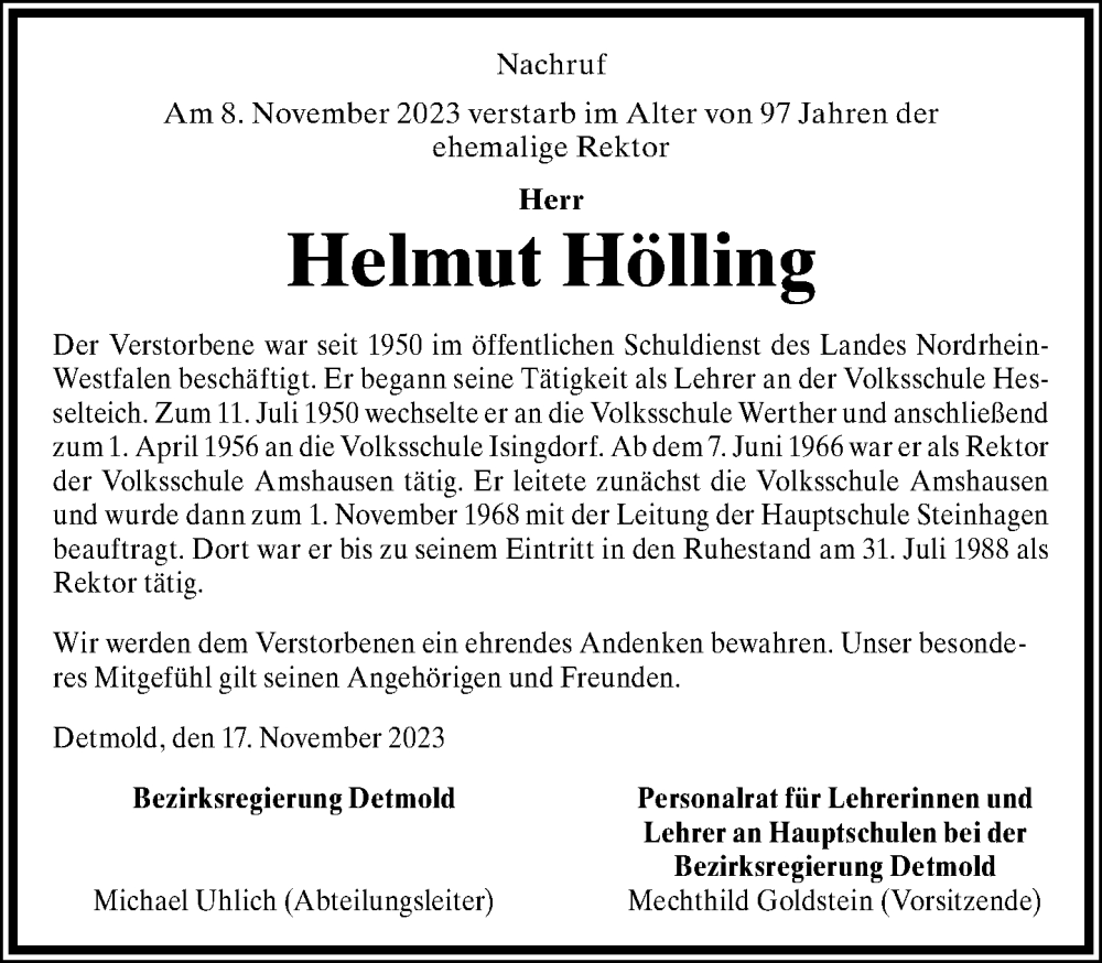  Traueranzeige für Helmut Hölling vom 22.11.2023 aus Neue Westfälische
