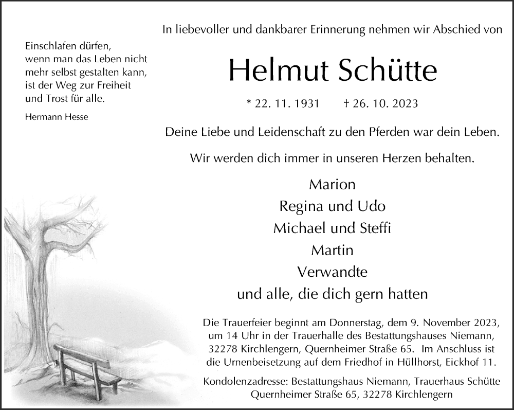  Traueranzeige für Helmut Schütte vom 04.11.2023 aus Neue Westfälische
