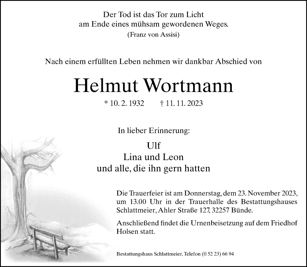  Traueranzeige für Helmut Wortmann vom 18.11.2023 aus Neue Westfälische