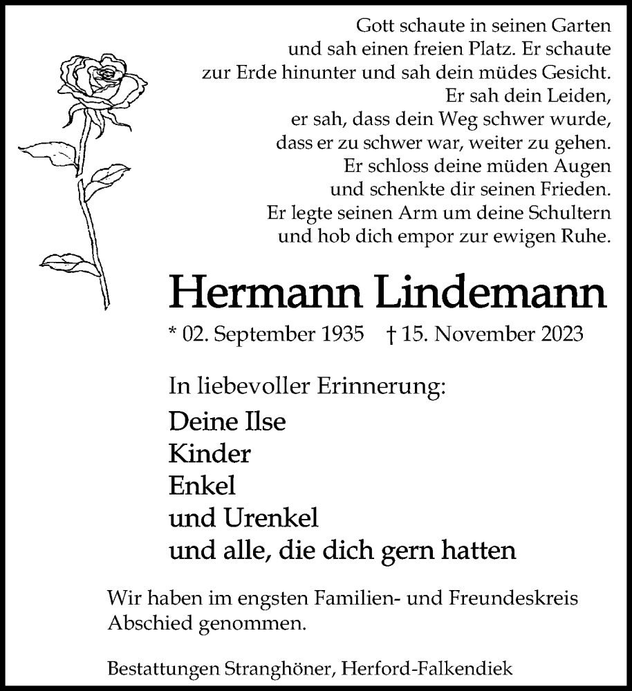  Traueranzeige für Hermann Lindemann vom 25.11.2023 aus Neue Westfälische