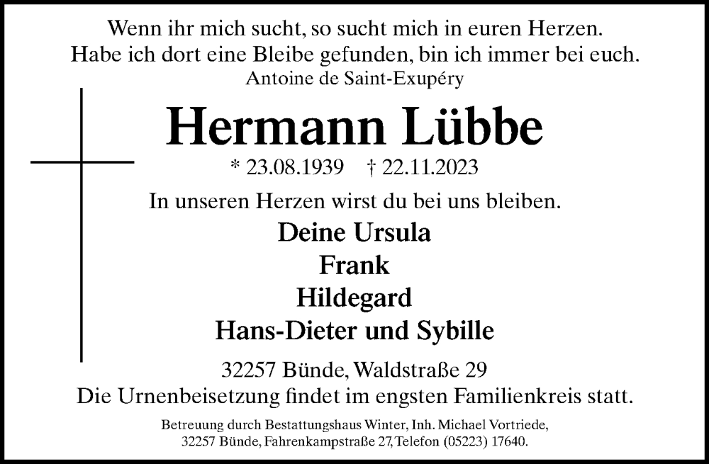  Traueranzeige für Hermann Lübbe vom 25.11.2023 aus Neue Westfälische