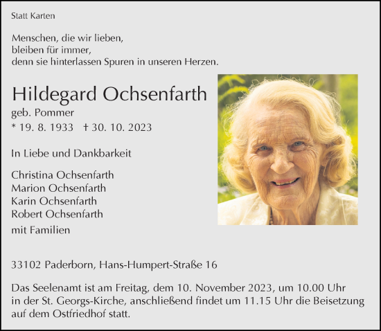 Traueranzeige von Hildegard Ochsenfarth von Neue Westfälische